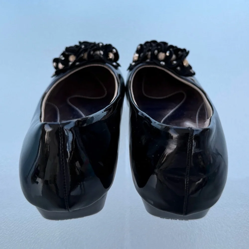 Meili Jiaodian Black Patent Ballet Flats with Bling Flower Embellishment 7.5/38